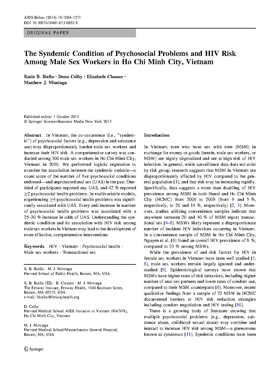 The Syndemic Condition of Psychosocial Problems and HIV Risk Among Male Sex Workers in Ho Chi Minh City, Vietnam