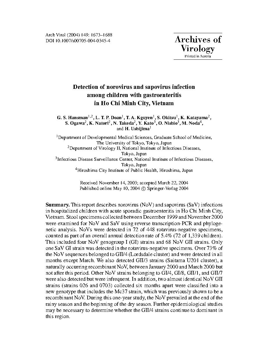 Detection of norovirus and sapovirus infection among children with gastroenteritis in Ho Chi Minh City, Vietnam