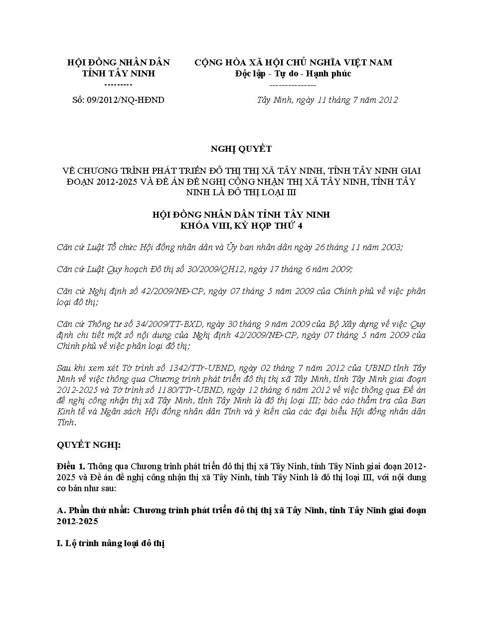 Nghị quyết 09/2012/NQ-HĐND Chương trình phát triển đô thị thị xã Tây Ninh, tỉnh Tây Ninh giai đoạn 2012-2025 và Đề án đề nghị công nhận thị xã Tây Ninh, tỉnh Tây Ninh là đô thị loại III