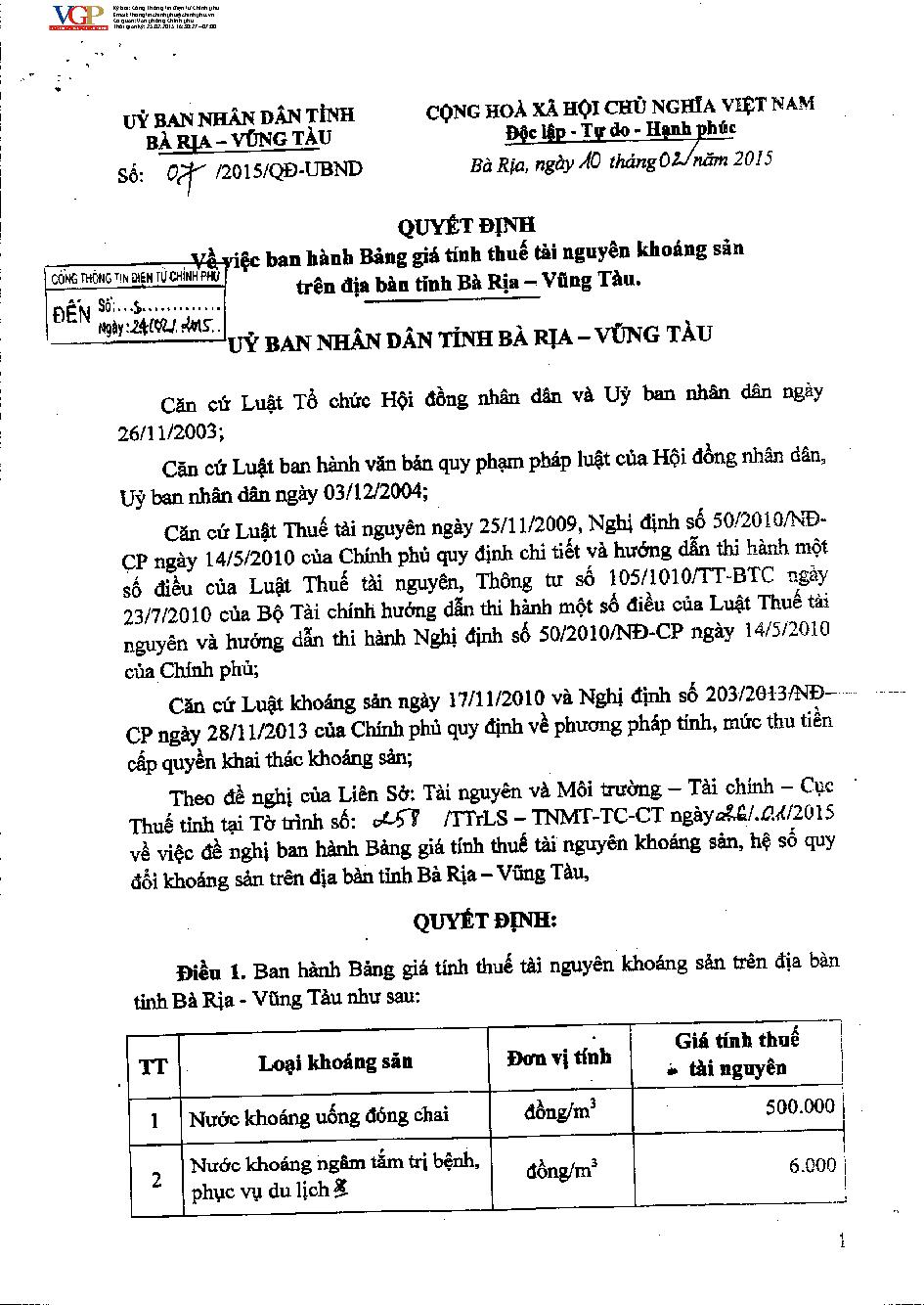 Quyết định 07/2015/QĐ-UBND về Bảng giá tính thuế tài nguyên khoáng sản trên địa bàn tỉnh Bà Rịa - Vũng Tàu