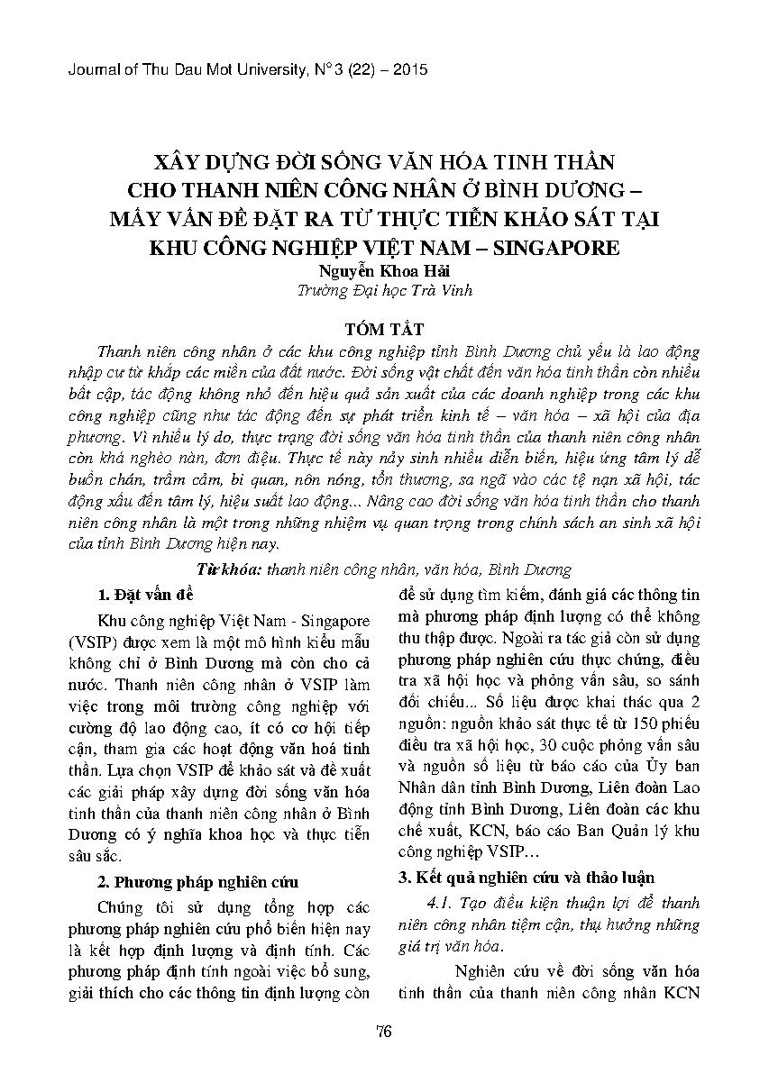 Xây dựng đời sống văn hóa tinh thần cho thanh niên công nhân ở Bình Dương - mấy vấn đề đặt ra từ thực tiễn khảo sáttại khu công nghiệp Việt Nam - Singapore