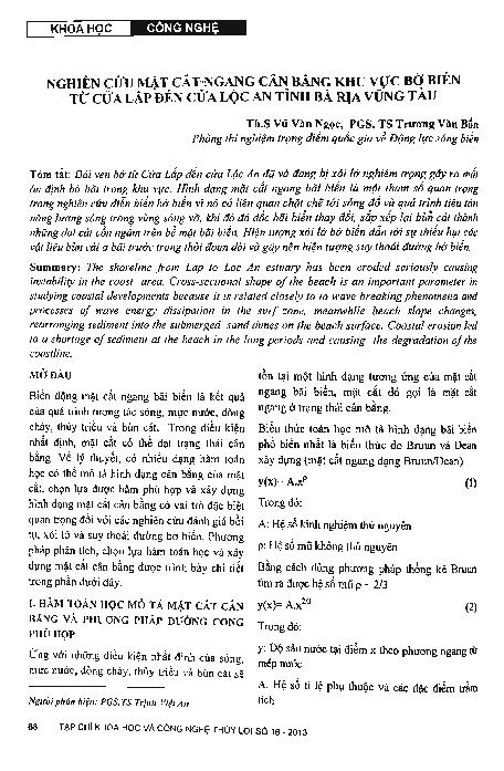 Nghiên cứu mặt cắt ngang cân bằng khu vực bờ biển từ Cửa Lấp đến Cửa Lộc An tỉnh Bà Rịa - Vũng Tàu