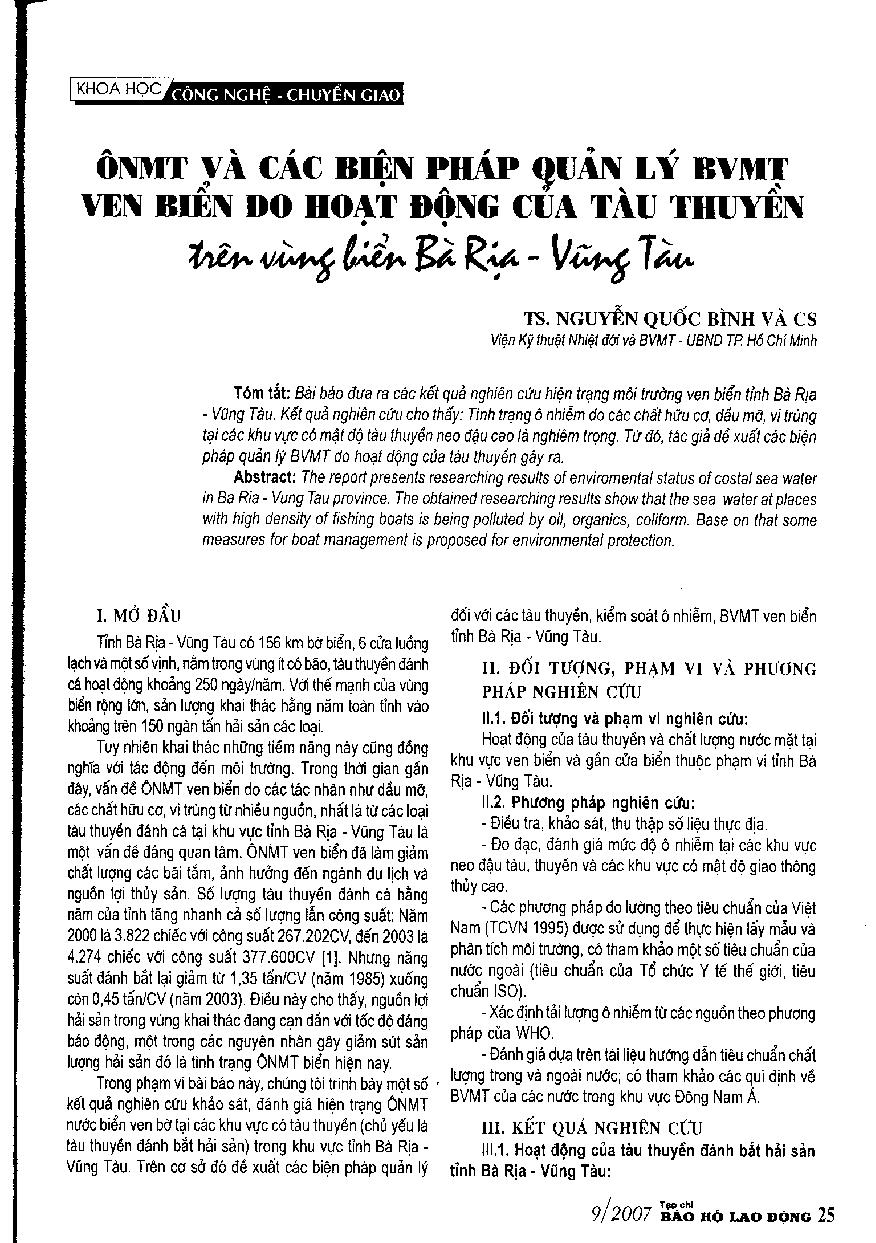 Ô nhiễm môi trường và các biện pháp quản lý bảo vệ môi trường ven biển do hoạt động của tàu thuyền trên vùng biển Bà Rịa - Vũng Tàu