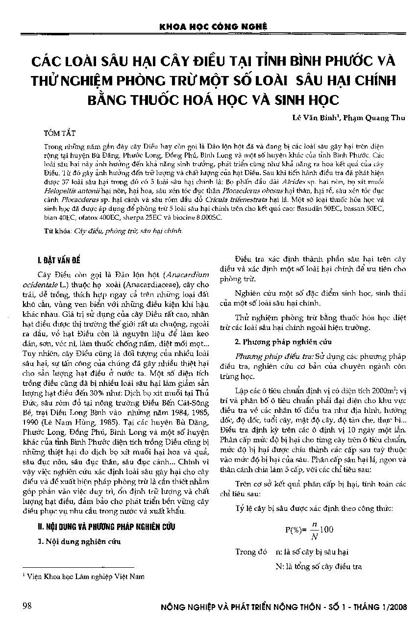 Các loại sâu hại cây Điều tỉnh Bình Phước và thử nghiệm phòng trừ một số loài sâu hại chính bằng thuốc hóa học và sinh học