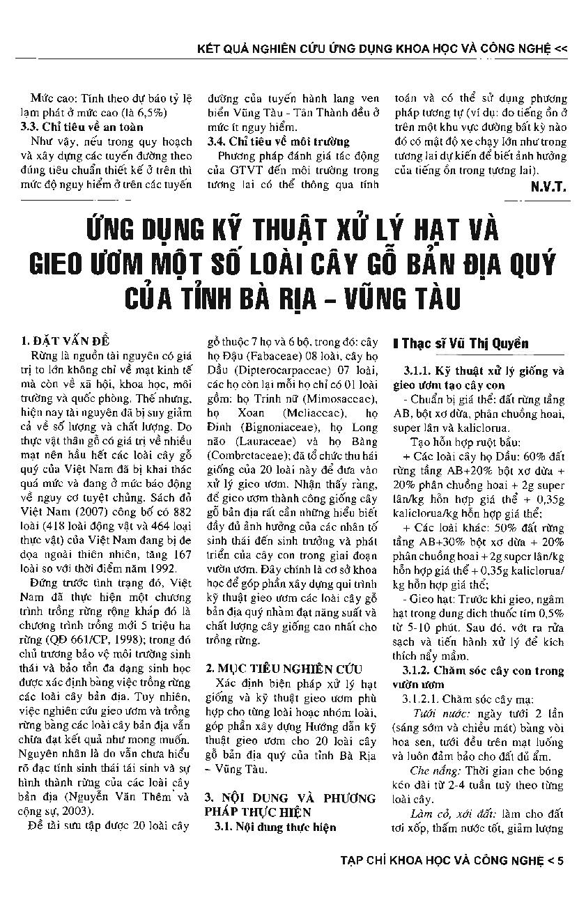 Ứng dụng kỹ thuật xử lý hạt và gieo ươm một số loài cây gỗ bản địa quý của tỉnh Bà Rịa - Vũng Tàu