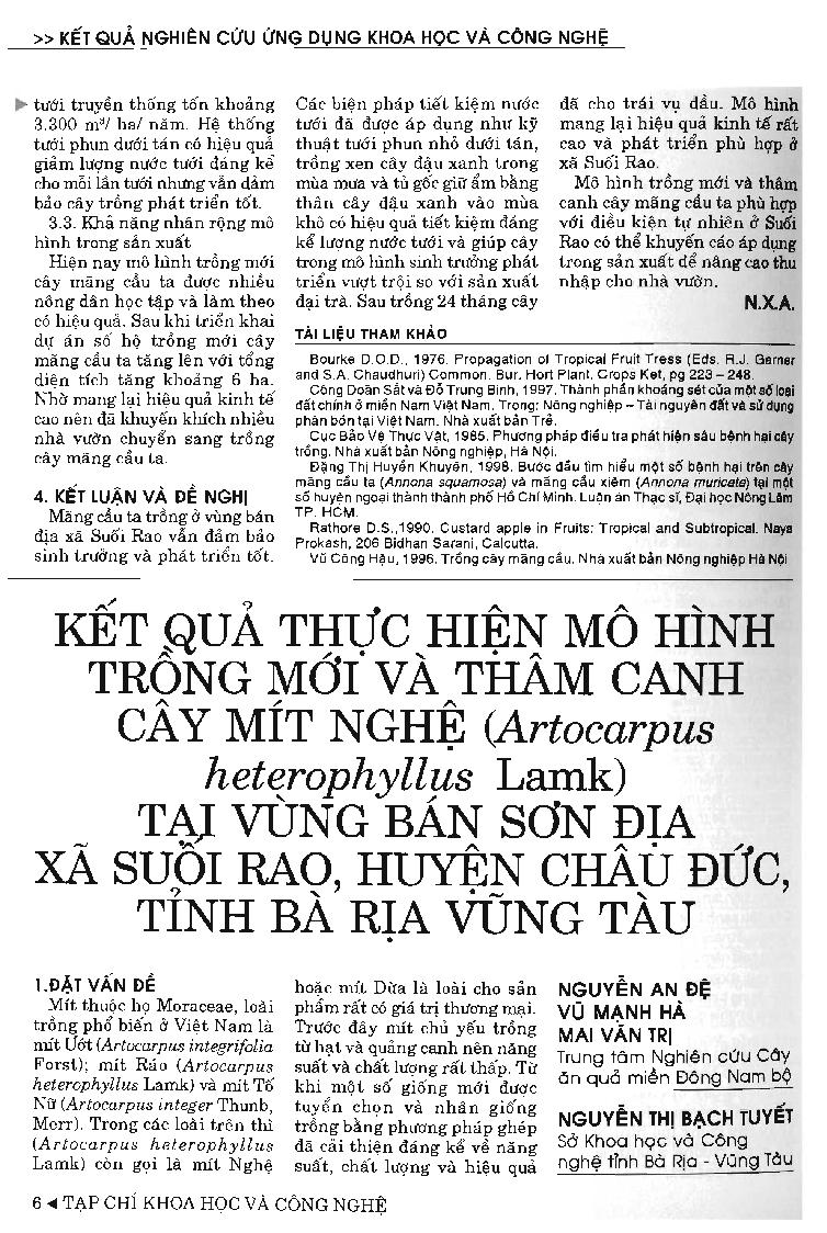 Kết quả thực hiện mô hình trồng mới và thâm canh cây mít nghệ (Artocarpus heterophyllus Lamk) tại vùng bán sơn địa xã suối Rao, huyện Châu Đức, tỉnh Bà Rịa - Vũng Tàu