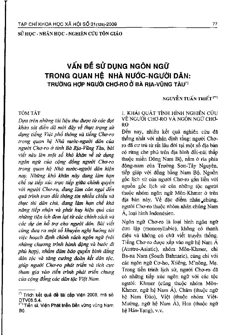 Vấn đề sử dụng ngôn ngữ trong quan hệ nhà nước â€“ người dân: Trường hợp người Chơ-ro ở Bà Rịa â€“ Vũng Tàu