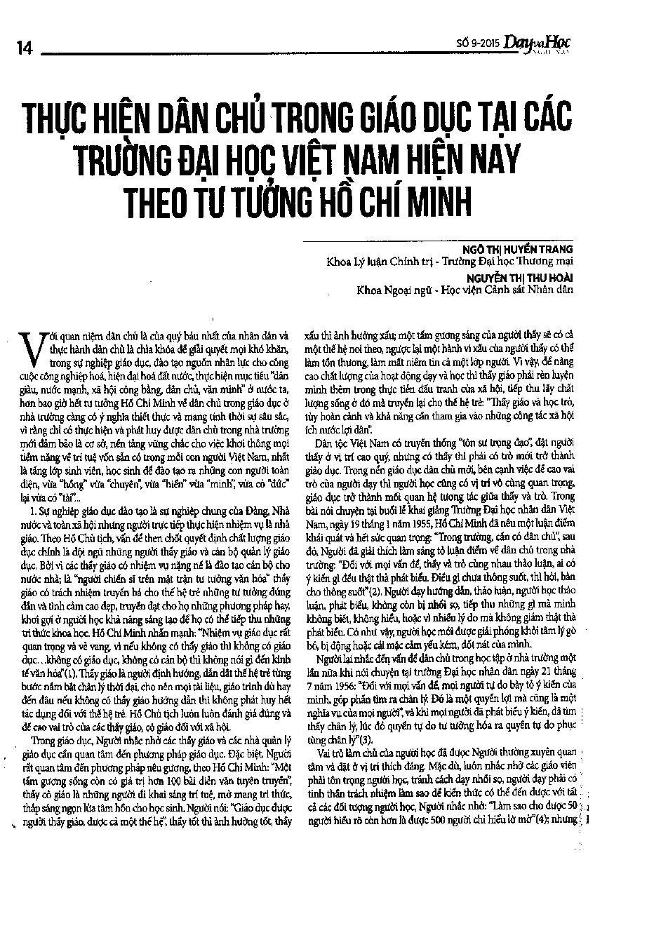 Thực hiện dân chủ trong giáo dục tại các trường Đại học Việt Nam hiện nay theo tư tưởng Hồ Chí Minh