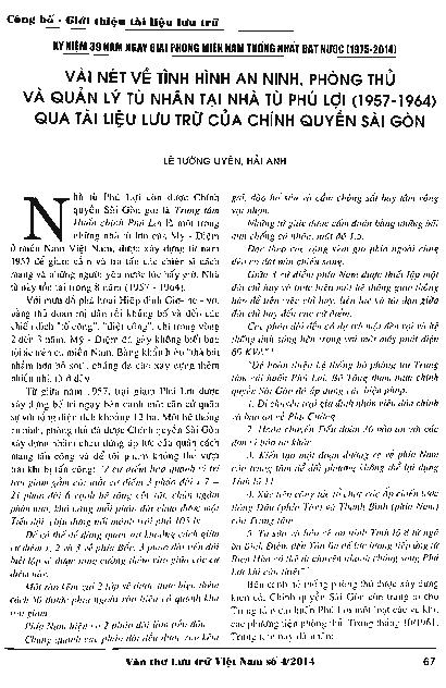 Vài nét về tình hình an ninh, phòng thủ và quản lý tù nhân tại nhà tù Phú Lợi (1957-1964) qua tài liệu Lưu trữ của chính quyền Sài Gòn