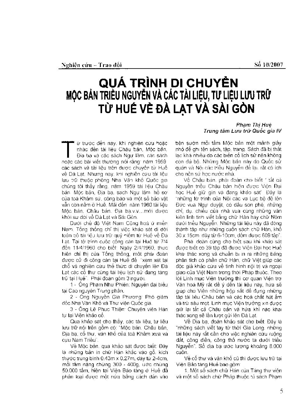 Quá trình di chuyển mộc bản triều Nguyễn và các tài liệu, tư liệu lưu trữ từ Huế về Đà Lạt và Sài Gòn