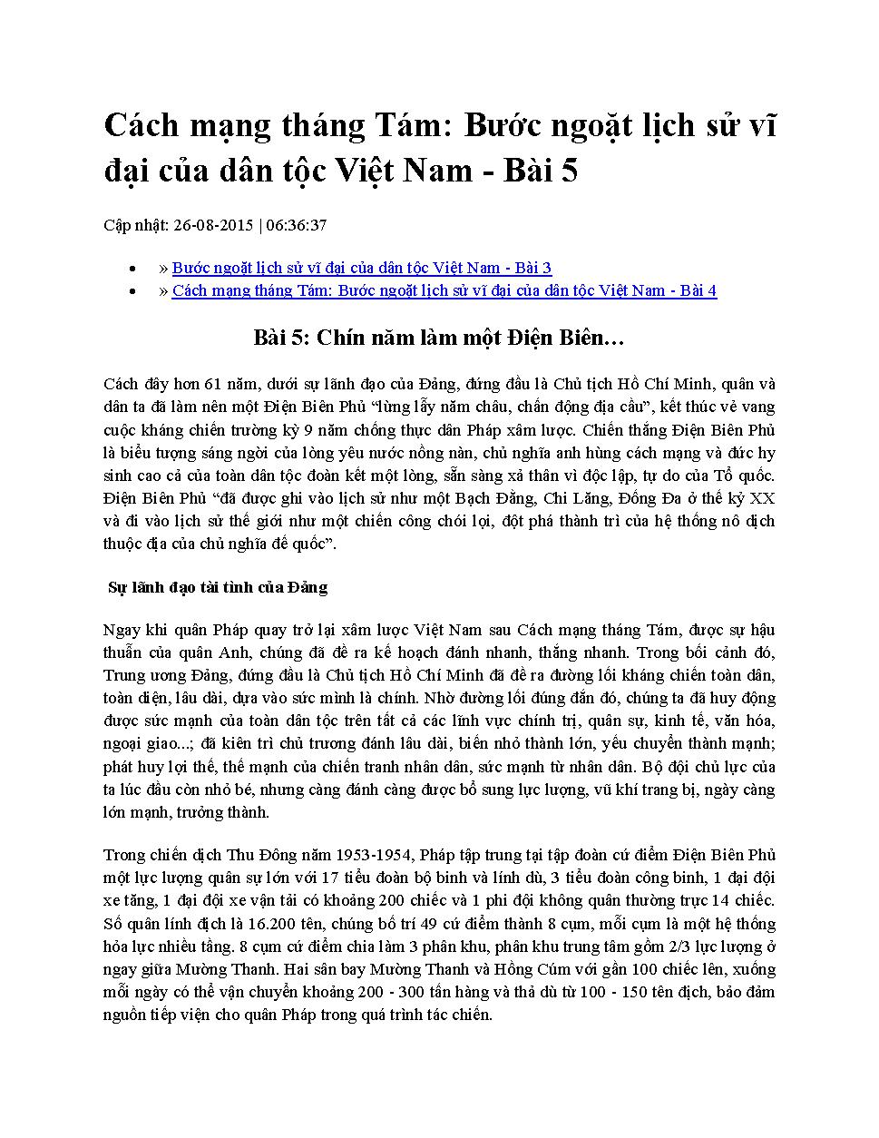 Cách mạng Tháng Tám: Bước ngoặt lịch sử vĩ đại của dân tộc Việt Nam.$nBài 5,$pChín năm làm một Điện Biênâ€¦