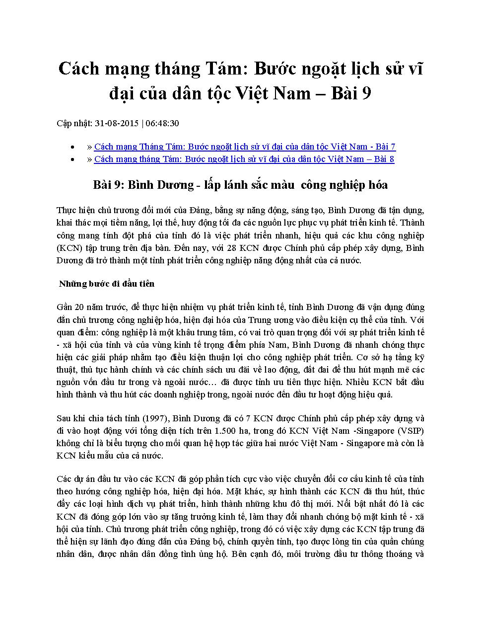 Cách mạng Tháng Tám: Bước ngoặt lịch sử vĩ đại của dân tộc Việt Nam.$nBài 9,$pBình Dương - lấp lánh sắc màu  công nghiệp hóa