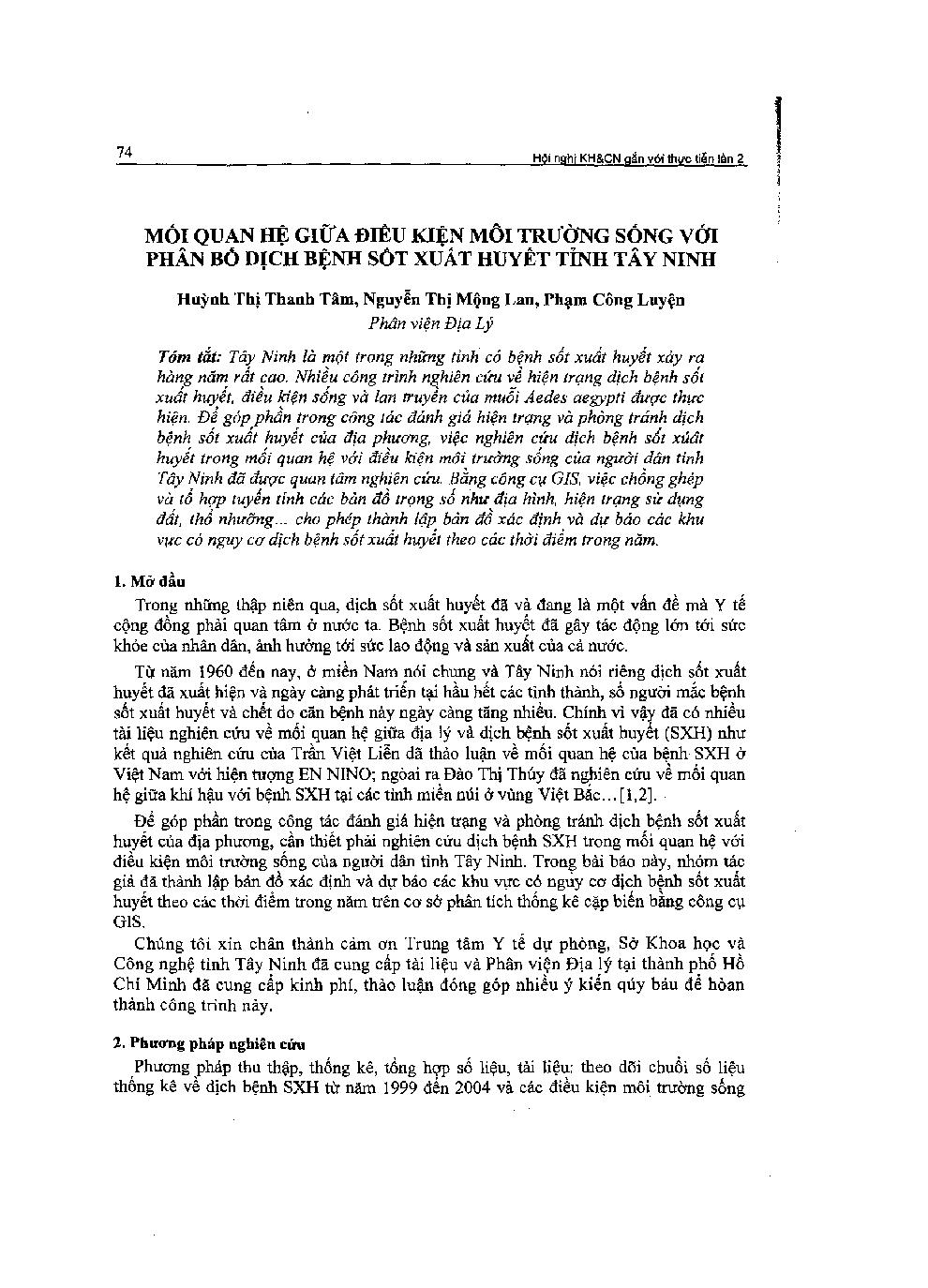 Mối quan hệ giữa điều kiện môi trường sống với phân bố dịch bệnh sốt xuất huyết tỉnh Tây Ninh