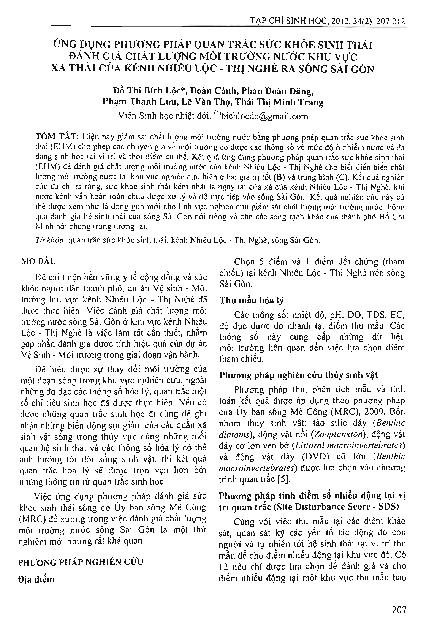 Ứng dụng phương pháp quan trắc sức khỏe sinh thái đánh giá chất lượng môi trường nước khu vực xả thải của kênh Nhiêu Lộc - Thị Nghè ra sông Sài Gòn