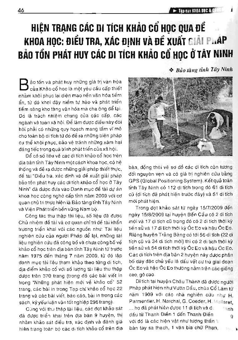 Hiện trạng các di tích khảo cổ học qua đề tài khoa học: Điều tra, xác định và đề xuất giải pháp bảo tồn phát huy các di tích khảo cổ học ở Tây Ninh