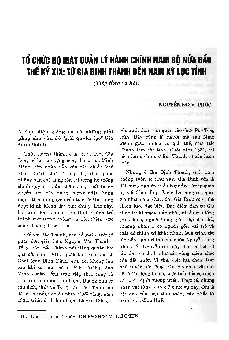 Tổ chức bộ máy quản lý hành chính Nam Bộ nửa đầu thế kỷ XIX: Từ Gia Định đến Nam Kỳ lục tỉnh