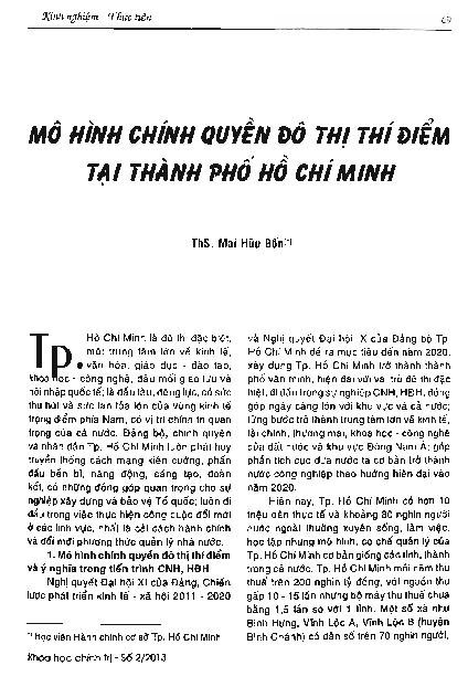 Mô hình chính quyền đô thị thí điểm tại thành phố Hồ Chí Minh