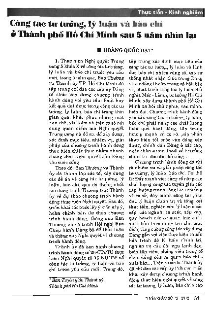 Công tác tư tưởng, lý luận và báo chí ở Thành phố Hồ Chí Minh sau 5 năm nhìn lại