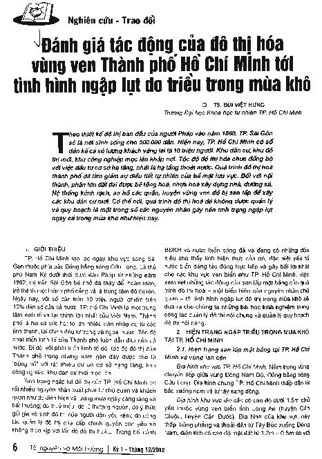 Đánh giá tác động của đô thị hóa vùng ven Thành phố Hồ Chí Minh tới tình hình ngập lụt do triều trong mùa khô