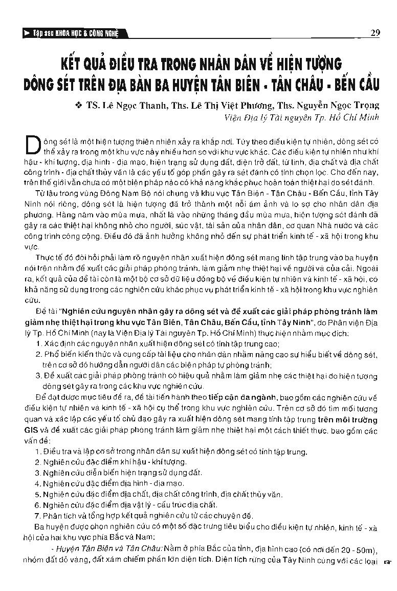 Kết quả điều tra trong nhân dân về hiện tượng dông sét trên địa bàn ba huyện Tân Biên - Tân Châu - Bến Cầu