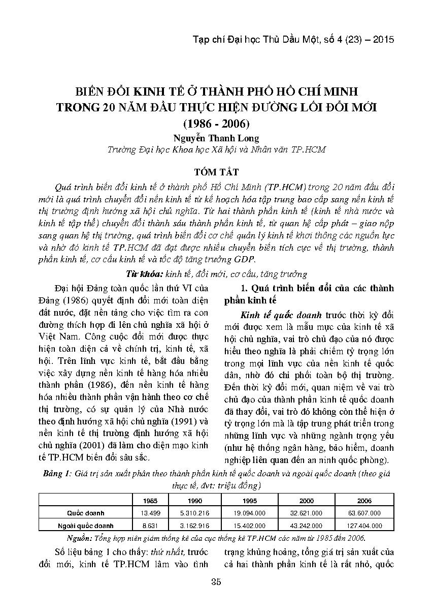 Biến đổi kinh tế ở Thành phố Hồ Chí Minh trong 20 năm đầu thực hiện đường lối đổi mới
