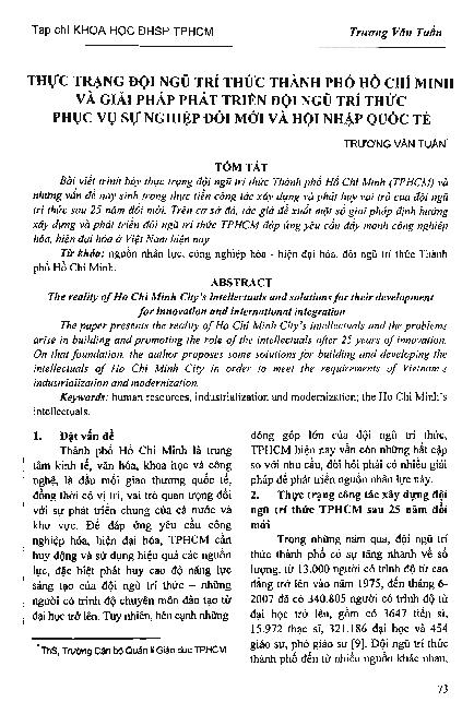 Thực trạng đội ngũ trí thức Thành phố Hồ Chí Minh và giải pháp phát triển đội ngũ trí thức phục vụ sự nghiệp đổi mới và hội nhập quốc tế