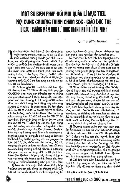 Một số biện pháp đổi mới quản lí mục tiêu, nội dung chương trình chăm sóc - giáo dục trẻ ở các trường mầm non tư thục Thành phố Hồ Chí Minh