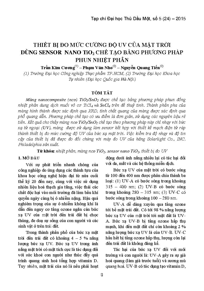 Thiết bị đo mức cường độ UV của mặt trời dùng Sensor Nano Tio2 chế tạo bằng phương pháp phun nhiệt phân