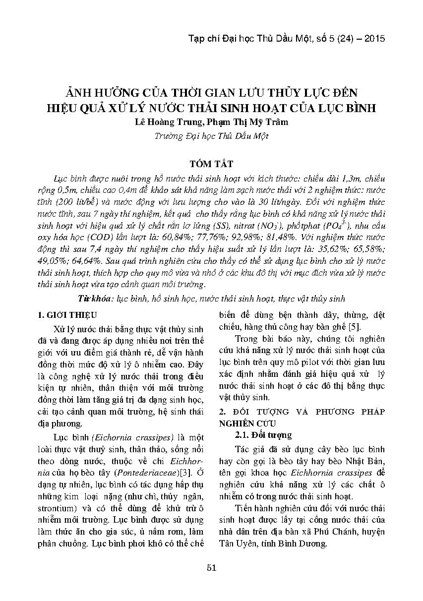 Ảnh hưởng của thời gian lưu thủy lực đến hiệu quả xử lý nước thải sinh hoạt của lục bình