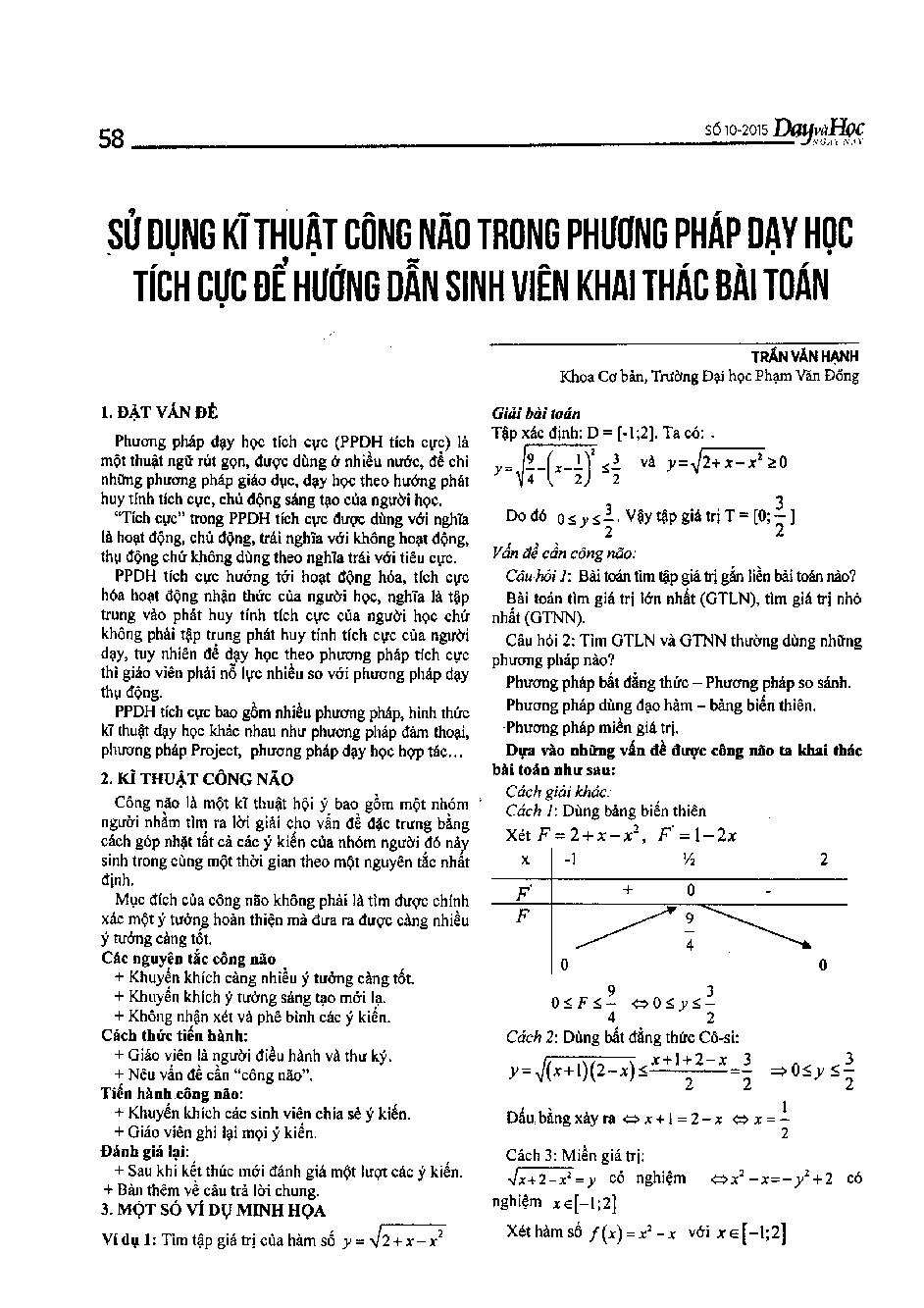 Sử dụng kĩ thuật công não trong phương pháp dạy học tích cực để hướng dẫn sinh viên khai thác bài toán