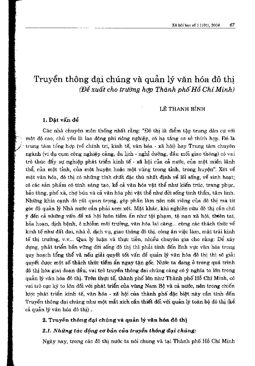 Truyền thông đại chúng và quản lý văn hóa đô thị (Đề xuất cho trường hợp Thành phố Hồ Chí Minh)