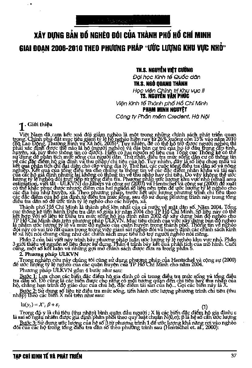 Xây dựng bản đồ nghèo đói của thành phố Hồ Chí Minh giai đoạn 2006 - 2010 theo phương pháp "Ước lượng khu vực nhỏ"