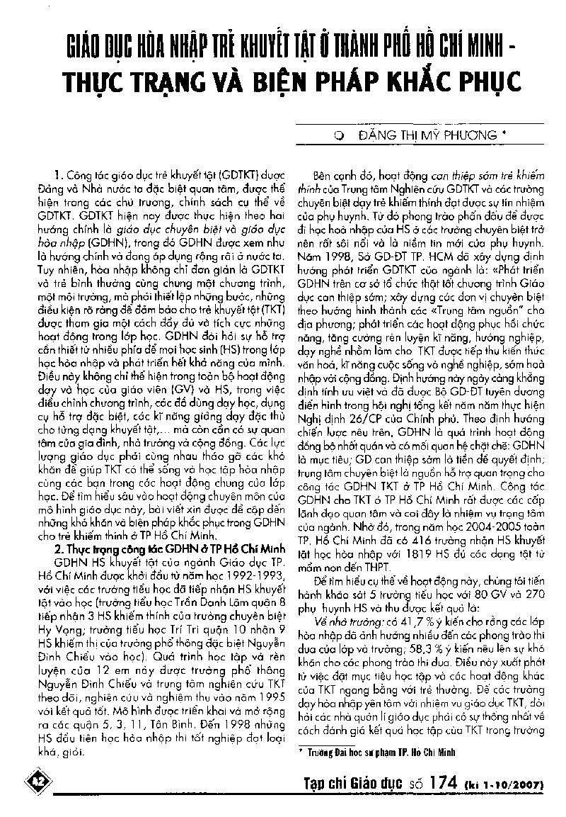 Giáo dục hoà nhập trẻ khuyết tật ở thành phố Hồ Chí Minh - thực trạng và biện pháp khắc phục