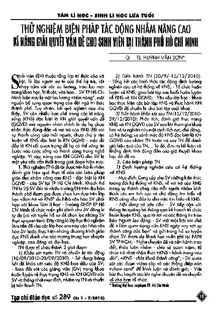 Thử nghiệm biện pháp tác động nhằm nâng cao kĩ năng giải quyết vấn đề cho sinh viên tại thành phố Hồ Chí Minh