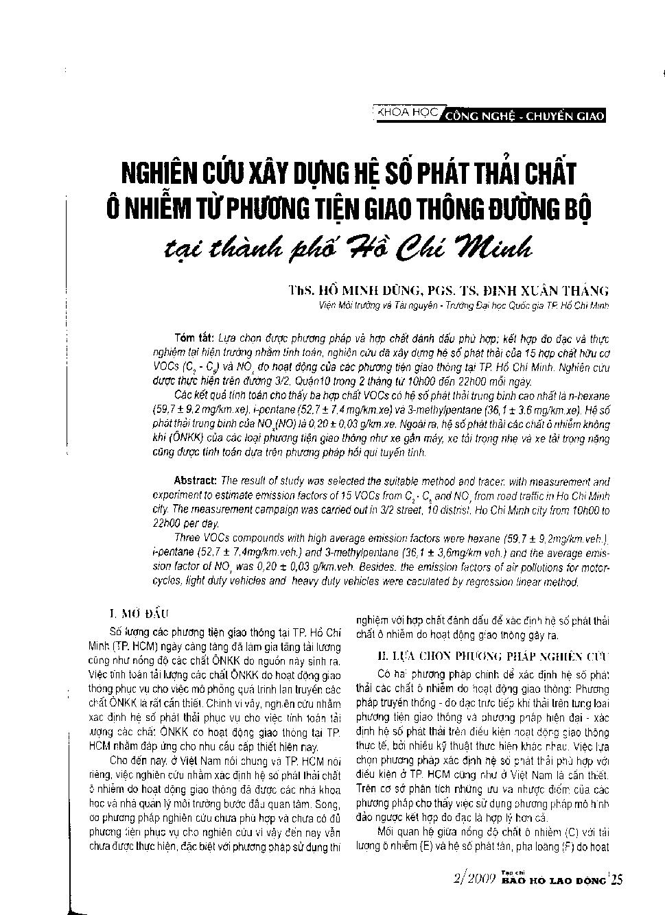 Nghiên cứu xây dựng hệ số phát thải chất ô nhiễm từ phương tiện giao thông đường bộ tại thành phố Hồ Chí Minh