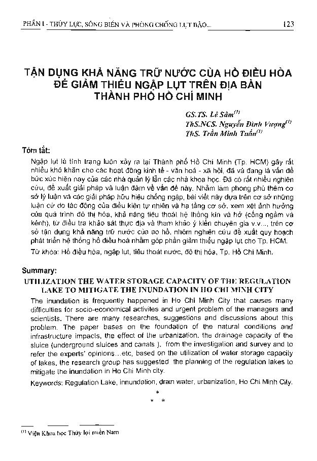Tận dụng khả năng trữ nước của hồ điều hoà để giảm thiểu ngập lụt trên địa bàn thành phố Hồ Chí Minh