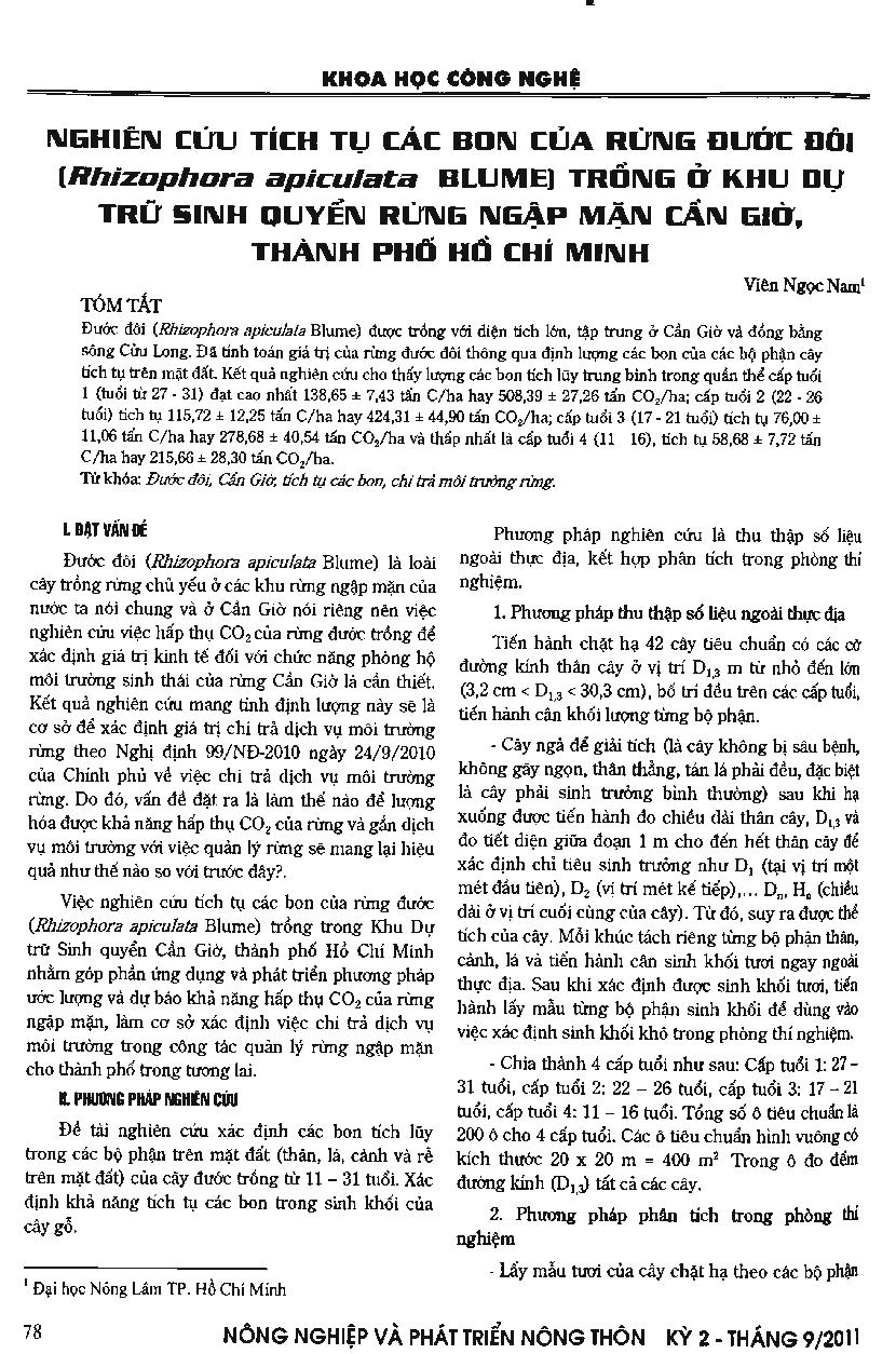 Nghiên cứu tích tụ các bon của rừng đước đôi trồng ở khu dự trữ sinh quyển rừng ngập mặn Cần Giờ, Thành phố Hồ Chí Minh