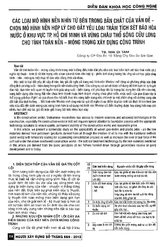 Các loại mô hình nền nhìn từ bên trong bản chất của vấn đề - chọn mô hình nền hợp lý cho đất yếu loại trầm tích sét bão hoà nước ở khu vực TP.Hồ Chí Minh và vùng châu thổ sông Cửu Long cho tính toán nền - móng trong xây dựng công trình