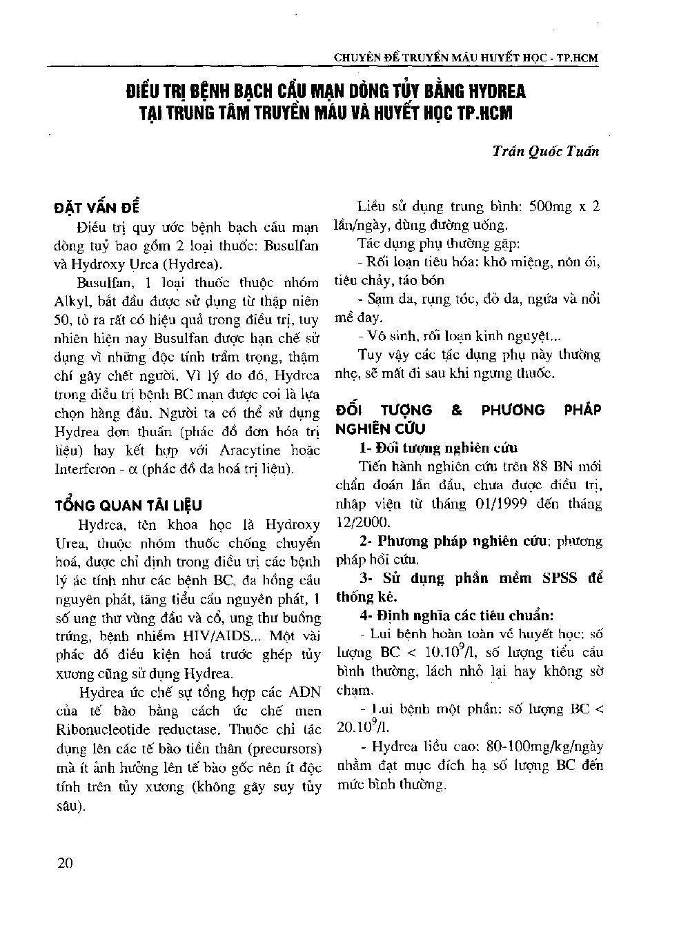 Điều trị bệnh bạch cầu mạn dòng tuỷ bằng hydrea tại trung tâm truyền máu và huyết học thành phố Hồ Chí Minh