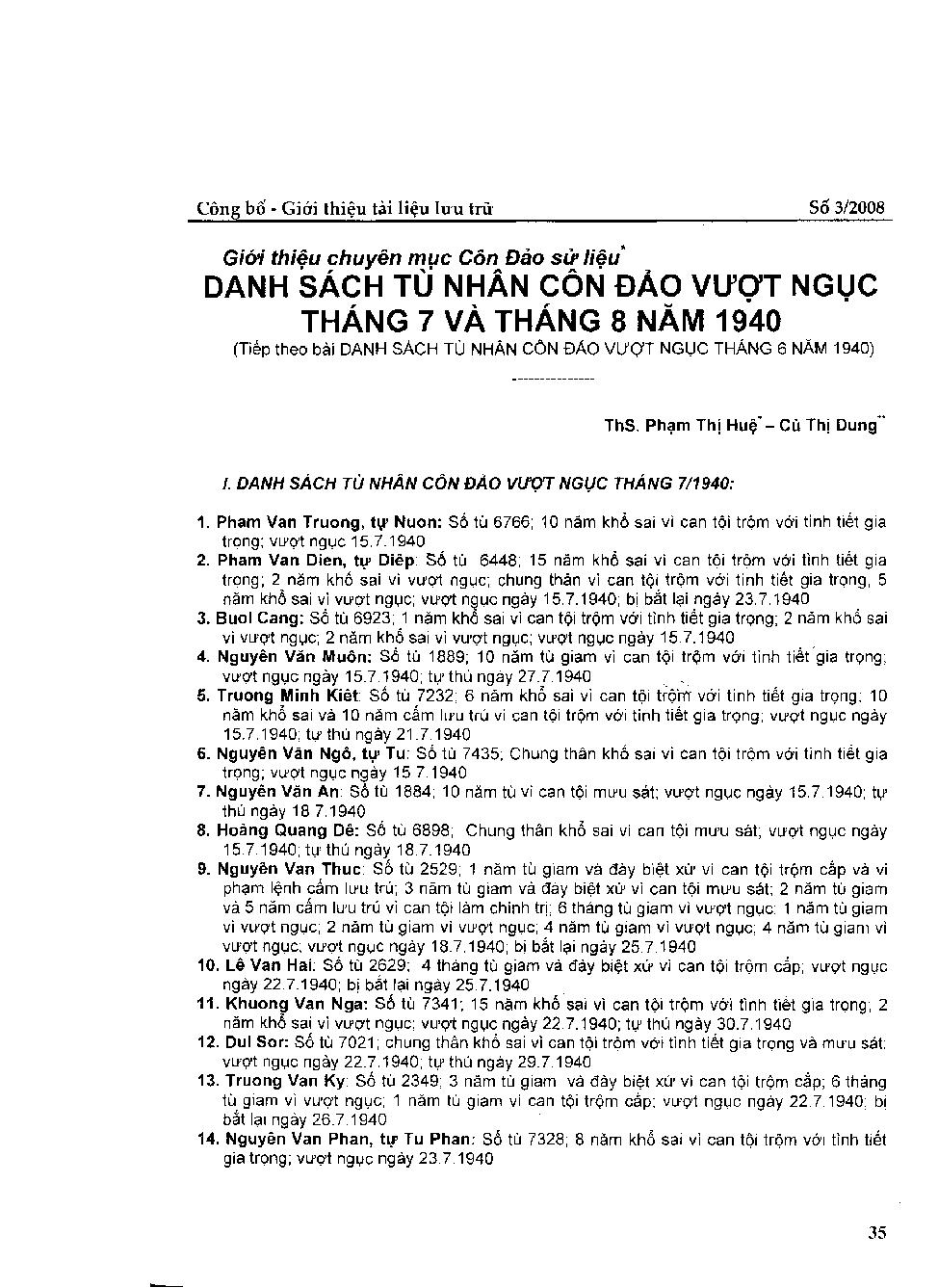 Danh sách tù nhân Côn Đảo vượt ngục tháng 7 và tháng 8 năm 1940