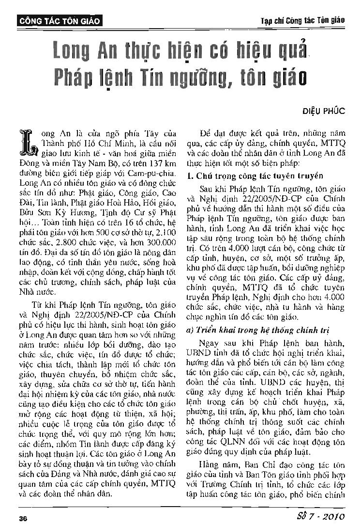 Long An thực hiện có hiệu quả Pháp lệnh tín ngưỡng, tôn giáo