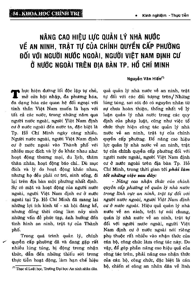 Nâng cao hiệu lực quản lý nhà nước về an ninh, trật tự của chính quyền cấp phường đối với người nước ngoài, người Việt Nam định cư ở nước ngoài trên địa bàn thành phố Hồ Chí Minh