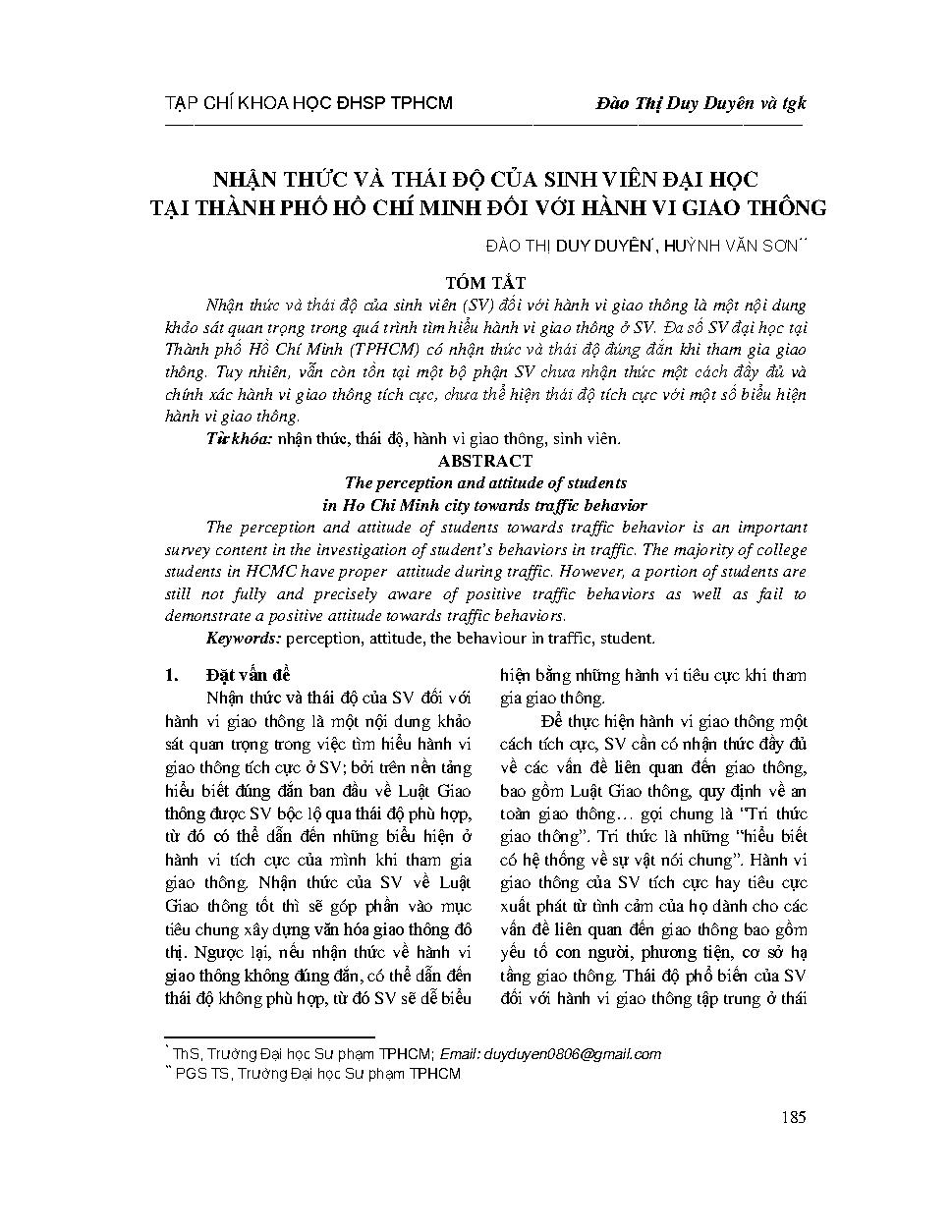 Nhận thức và thái độ của sinh viên đại học tại Thành phố Hồ Chí Minh đối với hành vi giao thông