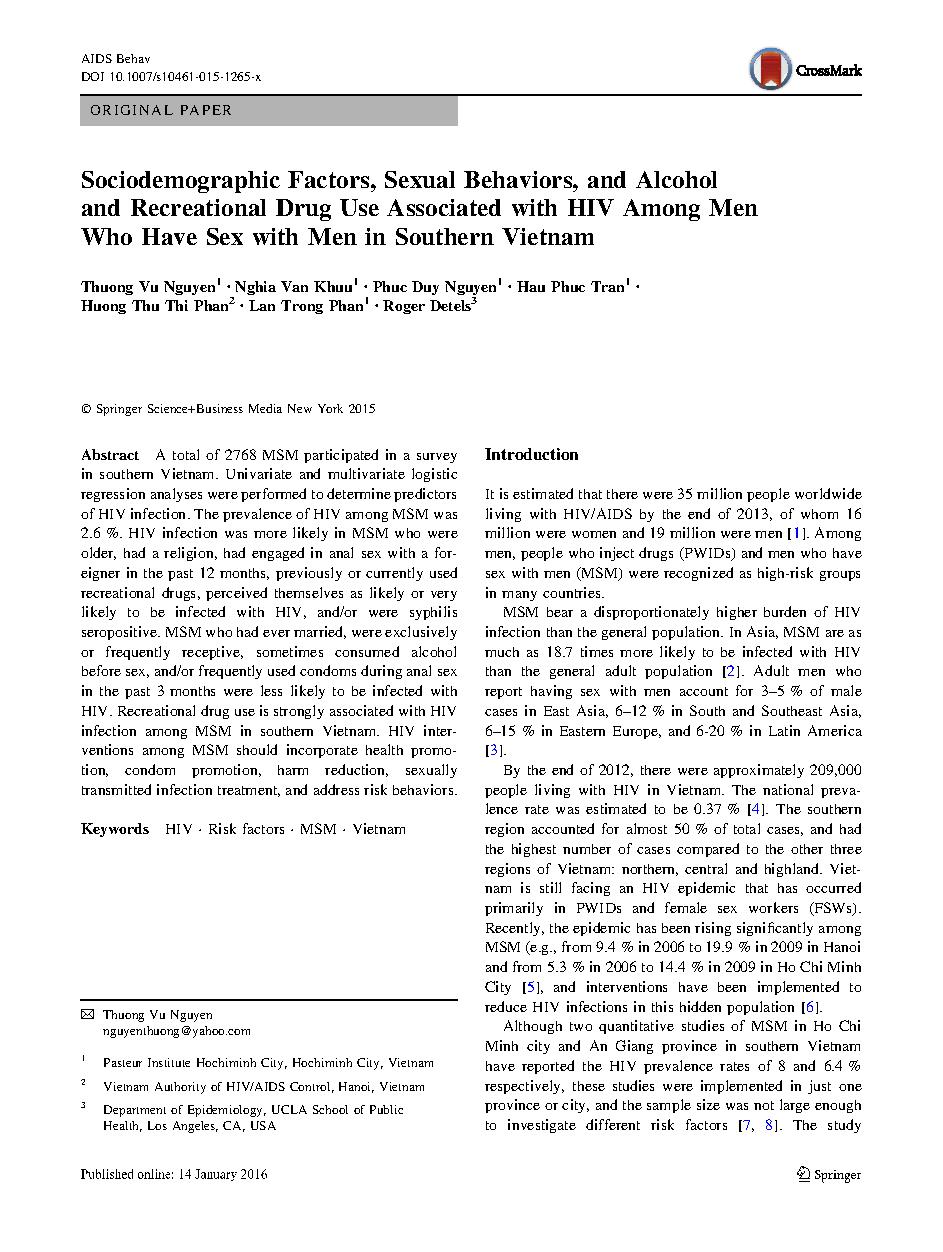 Sociodemographic Factors, Sexual Behaviors, and Alcohol and Recreational Drug Use Associated with HIV Among Men Who Have Sex with Men in Southern Vietnam