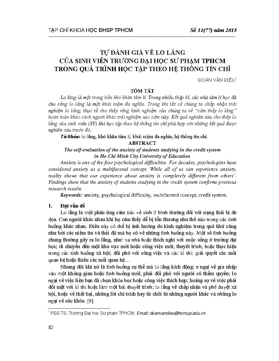 Tự đánh giá về lo lắng của sinh viên Trường Đại học Sư phạm TP Hồ Chí Minh trong quá trình học tập theo hệ thống tín chỉ