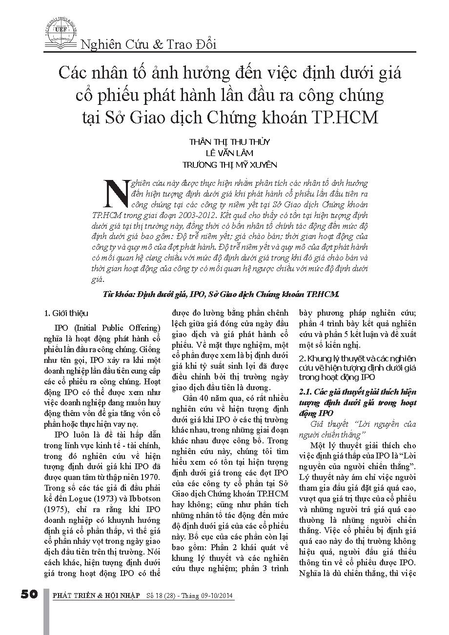 Các nhân tố ảnh hưởng đến việc định dưới giá cổ phiếu phát hành lần đầu ra công chúng tại Sở Giao dịch Chứng khoán TP.HCM