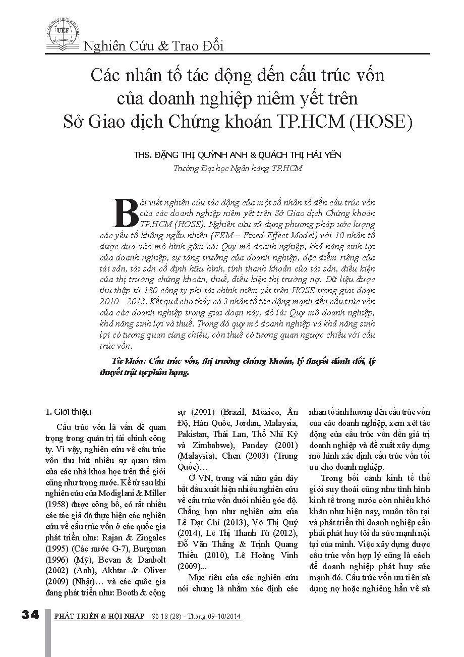 CaÌc nhân tôÌ taÌc đôÌ£ng đêÌn câÌu truÌc vôÌn cuÌ‰a doanh nghiêÌ£p niêm yêÌt trên SơÌ‰ Giao diÌ£ch ChưÌng khoaÌn TP.HCM (HOSE)