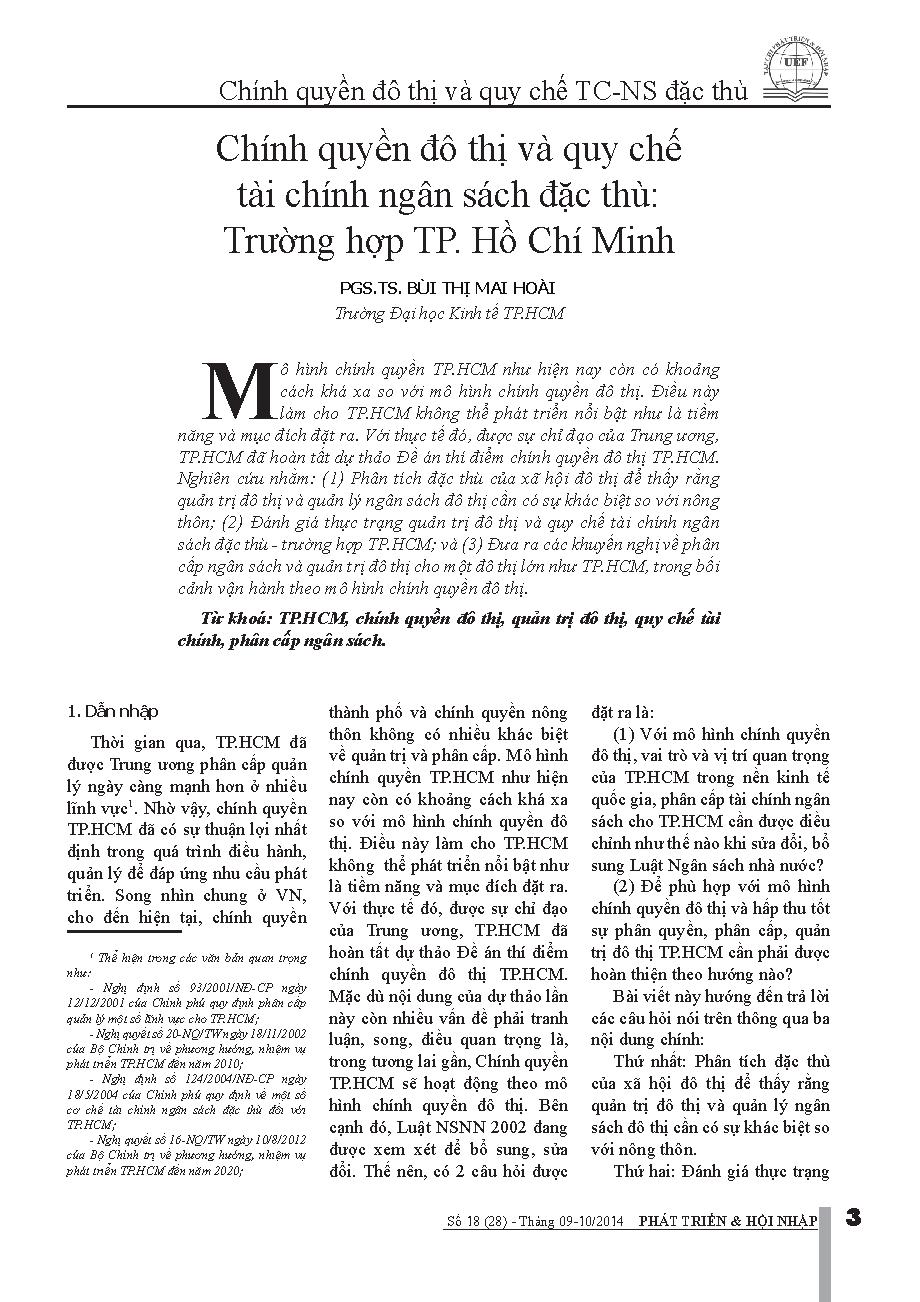 Chính quyền đô thị và quy chế tài chính ngân sách đặc thù: Trường hợp TP. Hồ Chí Minh