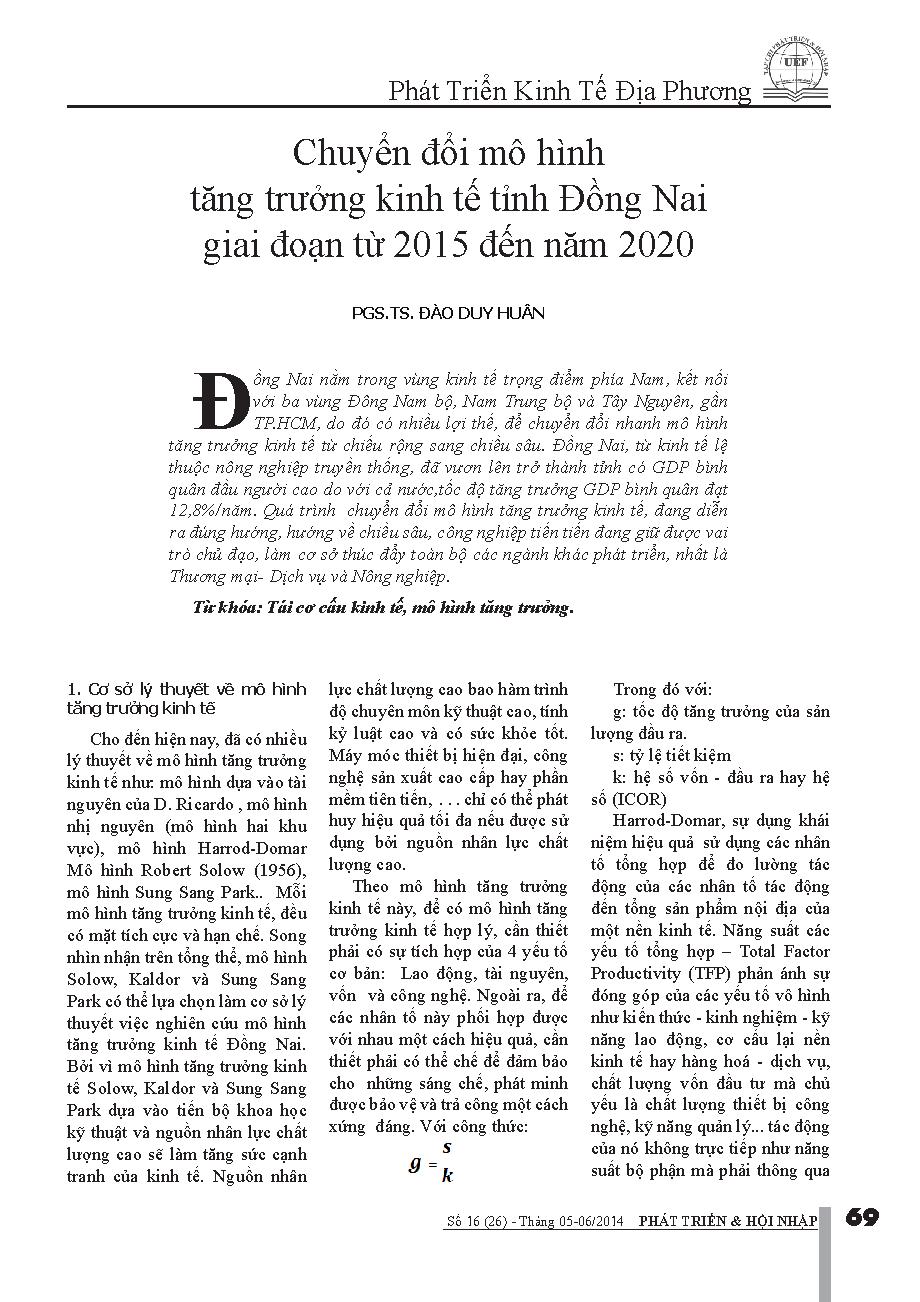 Chuyển đổi mô hình tăng trưởng kinh tế tỉnh Đồng Nai giai đoạn từ 2015 đến năm 2020