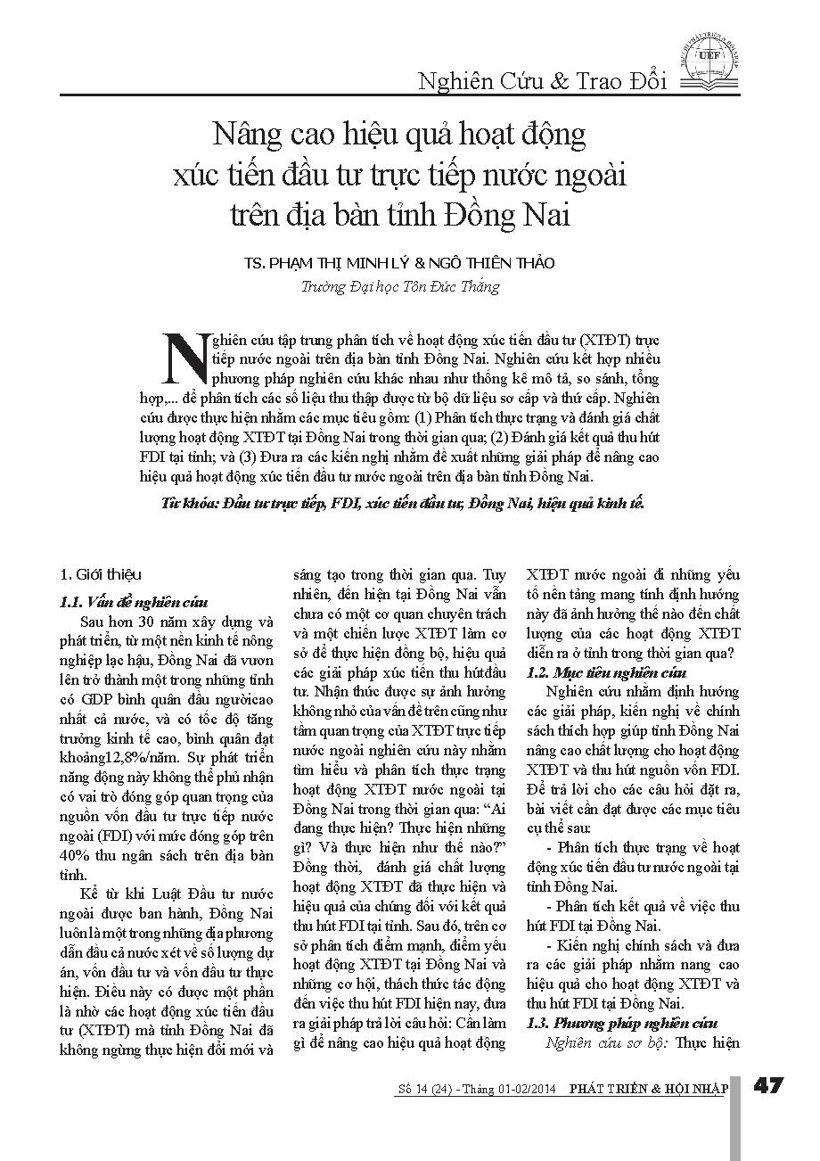 Nâng cao hiệu quả hoạt động xúc tiến đầu tư trực tiếp nước ngoài trên địa bàn tỉnh Đồng Nai